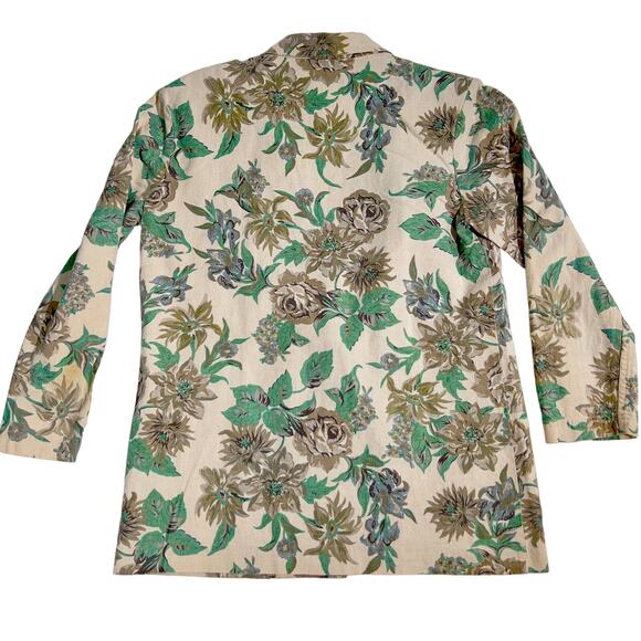 Cathy Daniels Jacket Smock Woman's Medium Linen Blend Green & Tan Floral Pockets - Picture 3 of 9
